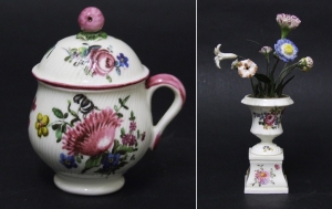 Mennecy soft-paste porcelain, 1750-60 AD, pot-au-jus, and jardini&egrave;re with porcelain flowers - courtesy R&G McPherson Antiques
